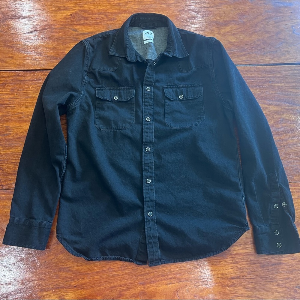 Zara Relaxed Fit Charcoal Gray Denim Button-Up Shirt Jacket